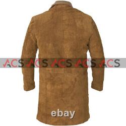 Mens Western Cowboy Trucker Tan Brown Cowhide Suede Leather Long Coat Jacket