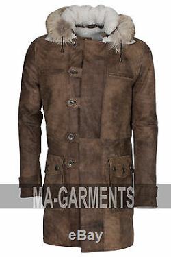 Mens Winter Hooded Bane Coay Distressed Leather Jacket Long Coat XS to 5XL