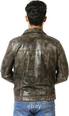 Mens distressed brown leather jacket color Red Thread Genuine Sheep skin Biker