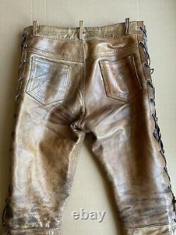 Mens distressed leather side-lace pants, Unlined, Brown Tan, BLUF 34x29