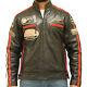 Mens Leather Racing Biker Jacket With Badges And Stripes In Black And Brown