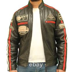 Mens leather racing biker jacket with badges and stripes in Black and Brown