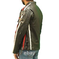 Mens leather racing biker jacket with badges and stripes in Black and Brown