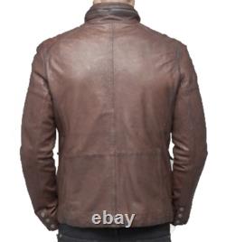 Mens vintage wrinkled waxed distress Brown Real Leather Jacket Coat Shirt