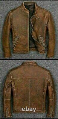 Motorcycle Vintage Tan Brown Biker Distress Mens Bomber Real Leather Jacket