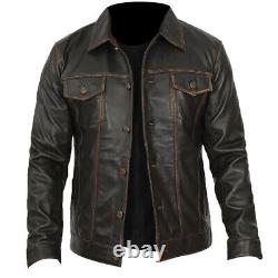 NEW Denim Style Western Vintage Trucker Cowboy Distressed Jacket Leather Shirt