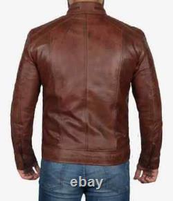 New Biker Distressed Brown Leather Cafe Racer Motorcycle Jacket For Men