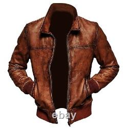 New Men Biker Vintage Distressed Brown Bomber Leather Jacket
