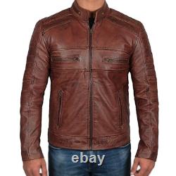 New Men's Cafe Racer Biker Genuine Leather Distressed Brown Motorcycle Jacket