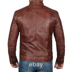 New Men's Cafe Racer Biker Genuine Leather Distressed Brown Motorcycle Jacket