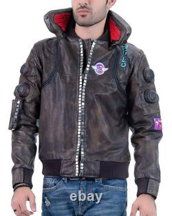 New Men's Distressed Brown Cyberpunk 2077 Samurai Cosplay Real Leather Jacket