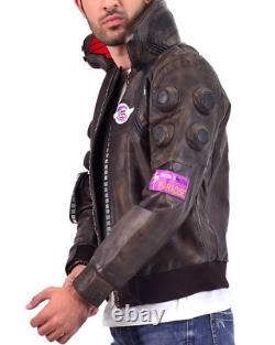 New Men's Distressed Brown Cyberpunk 2077 Samurai Cosplay Real Leather Jacket