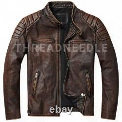 New Men's Distressed Brown Motorcycle Vintage Cafe Racer Biker Leather Jacket