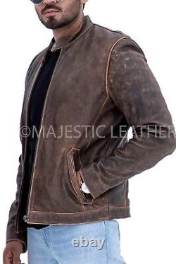 New Men's Distressed Cafe Racer Brown Leather Jacket