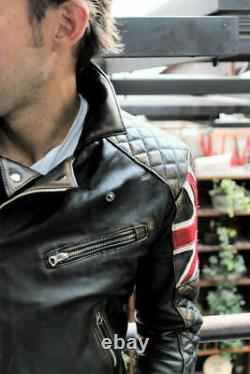New Men's Quilted Motorcycle Real Leather Distressed Cafe Racer UK Flag Jacket