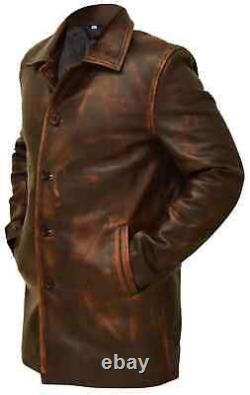 New Men's Western Distressed Sheepskin Sheriff Long Real Leather Jacket Coat