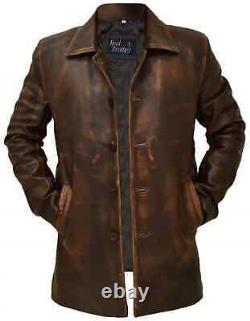 New Men's Western Distressed Sheepskin Sheriff Long Real Leather Jacket Coat