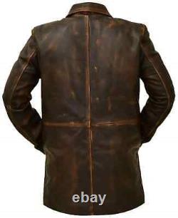 New Men's Western Distressed Sheepskin Sheriff Long Real Leather Jacket Coat