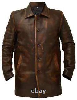 New Men's Western Distressed Sheepskin Sheriff Long Real Leather Jacket Coat