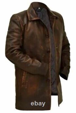 New Men's Western Distressed Sheepskin Sheriff Long Real Leather Jacket Coat