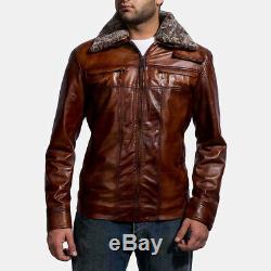New genuine sheep leather fur collared mens jacket brown superdrys style coat