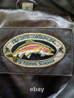 Orvis Vintage Leather Jacket Brown Mens XL Fly Fishing Distressed Lined Extra L