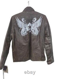 POKERSTARS Quilted Leather Jacket Mens M Brown Distressed Look Back Logo