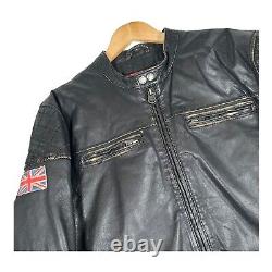 Pepe Jeans London Leather Jacket Distressed Flag Patch Dark Brown Size L