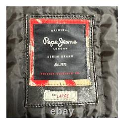 Pepe Jeans London Leather Jacket Distressed Flag Patch Dark Brown Size L