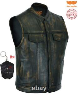 Premium Mens Leather Distressed Brown Club Vest Gun Pockets Motorcycle Waistcoat