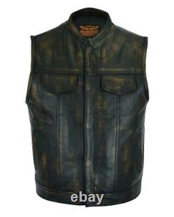 Premium Mens Leather Distressed Brown Club Vest Gun Pockets Motorcycle Waistcoat