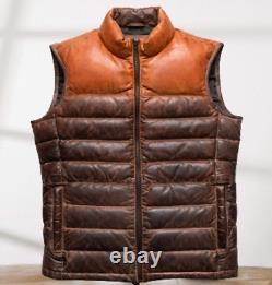 Puffer Vest Leather Down Vest Two-Tone Distressed Brown Leather Puffer Jacket