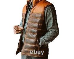 Puffer Vest Leather Down Vest Two-Tone Distressed Brown Leather Puffer Jacket