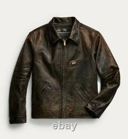 RRL Ralph Lauren Full Zip Leather Jacket Brown Distressed Men's Size Medium M