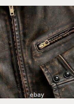 RRL Ralph Lauren Full Zip Leather Jacket Brown Distressed Men's Size Medium M