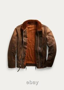 RRL Ralph Lauren Shearling Leather Brown Distressed Deck Jacket Men's Medium M