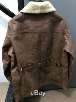 RRL Ralph Lauren Shearling-Trim Tan Distressed Leather Car Coat Jacket NWT XL