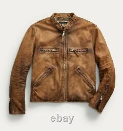 RRL Ralph Lauren Slim Fit Leather Moto Lined 1940's Cafe Jacket Men's M Medium