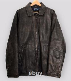 Ralph Lauren Distressed Brown Leather Jacket Coat M Pockets Lined Zip Up