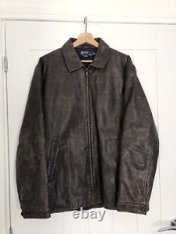 Ralph Lauren Distressed Brown Leather Jacket Coat M Pockets Lined Zip Up