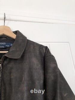 Ralph Lauren Distressed Brown Leather Jacket Coat M Pockets Lined Zip Up