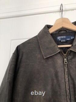 Ralph Lauren Distressed Brown Leather Jacket Coat M Pockets Lined Zip Up