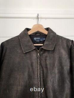 Ralph Lauren Distressed Brown Leather Jacket Coat M Pockets Lined Zip Up