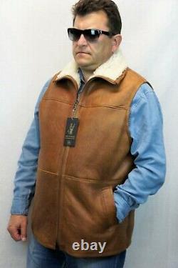 Real 100% Sheepskin Shearling Leather Distressed Cognac Men Vest Jacket S-5xl