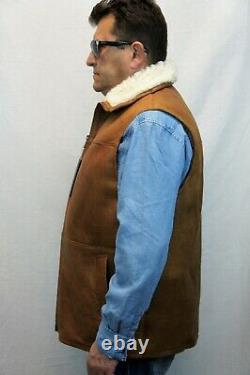 Real 100% Sheepskin Shearling Leather Distressed Cognac Men Vest Jacket S-5xl