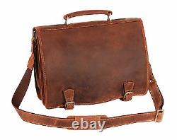 Real Leather Briefcase Vintage Distressed Tan Files Laptop Office Business Bag