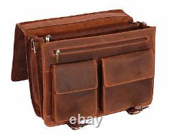 Real Leather Briefcase Vintage Distressed Tan Files Laptop Office Business Bag