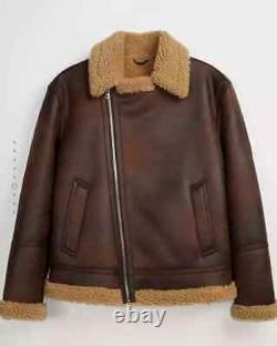 Real Leather Mens Distressed Brown Shearling Fur Bomber Aviator Sheepskin Jacket