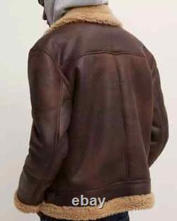 Real Leather Mens Distressed Brown Shearling Fur Bomber Aviator Sheepskin Jacket