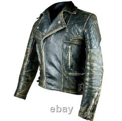 Retro Biker Vintage Cafe Racer Distressed Brown Men Real Leather Jacket / XS-5XL
